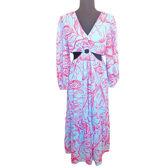 Jessica Simpson Dresses & Skirts - JESSICA SIMPSON BLUE & PINK TROPICAL FLORAL CUTOUT WAIST MAXI DRESS